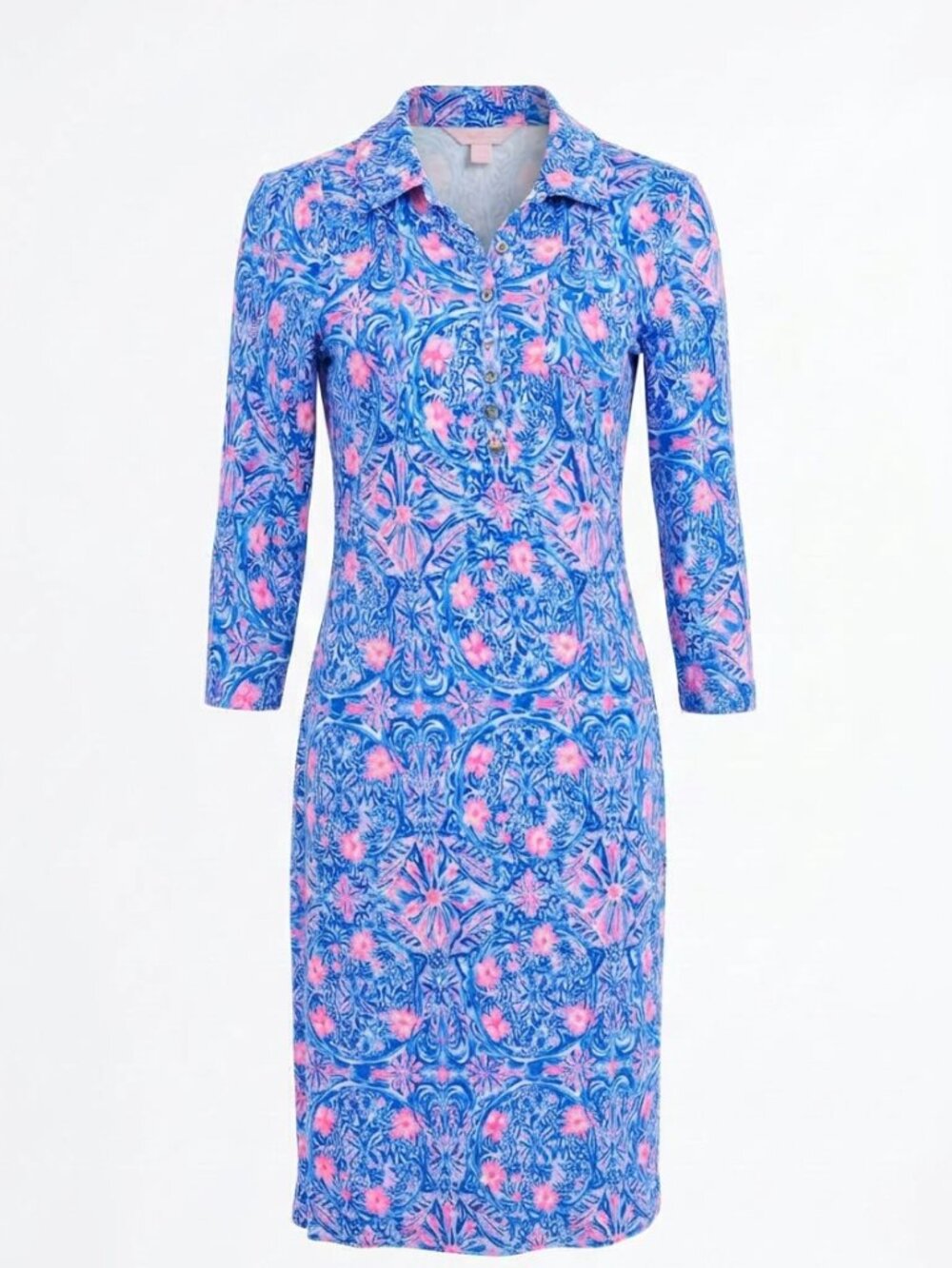 Lilly Pulitzer Reema Preppy Polo Dress Blue Pink Floral 3/4 Sleeve Size S